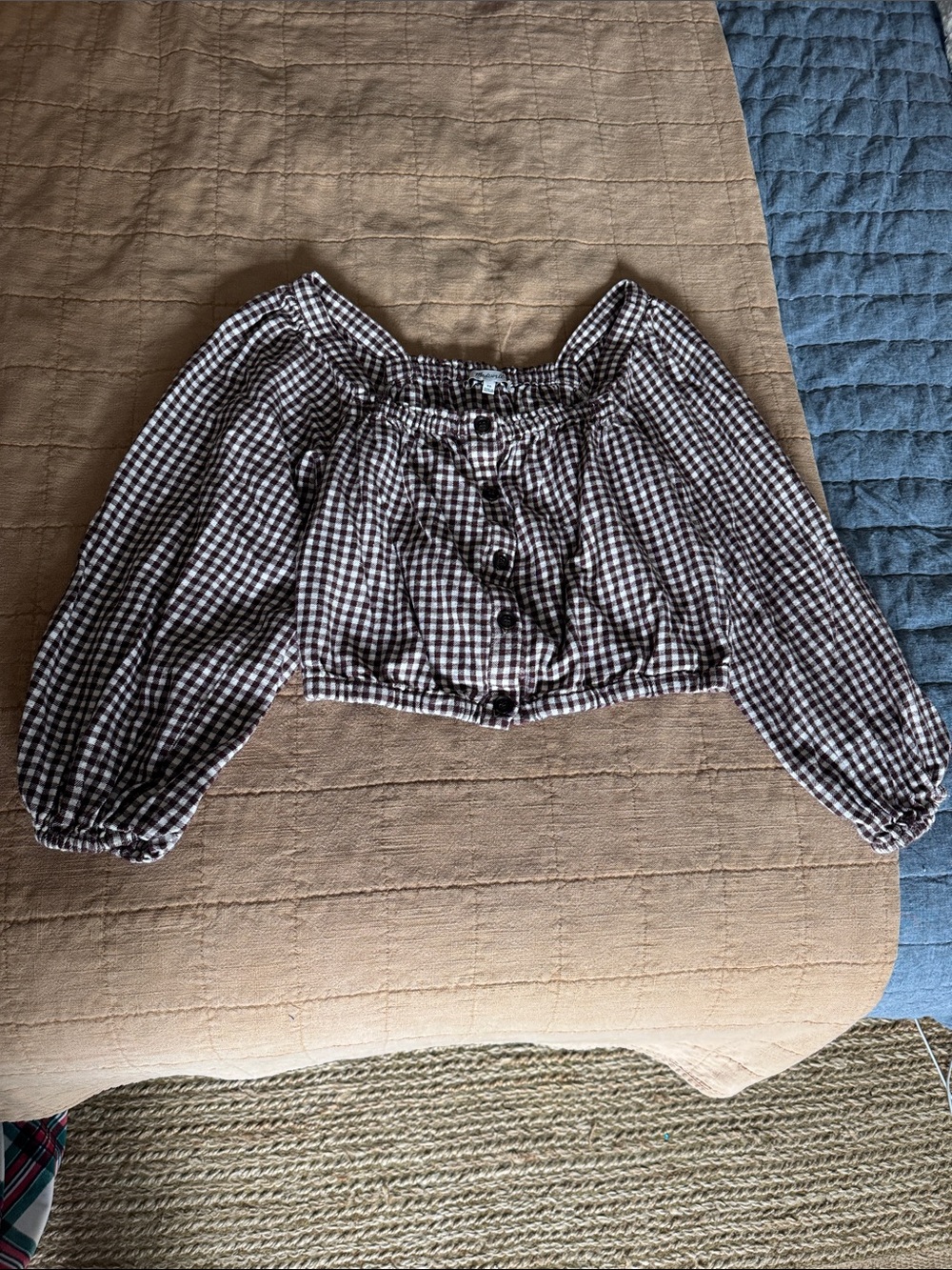 Madewell Brown and White Gingham Button-Front Crop Top